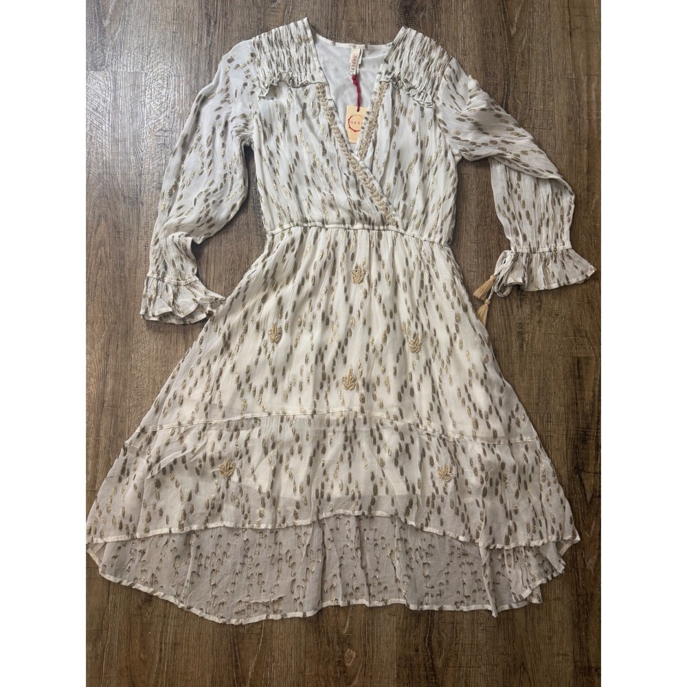Raga XS White Gold Metallic Lurex High Low Boho Dress Long Sleeve R4360 NEW